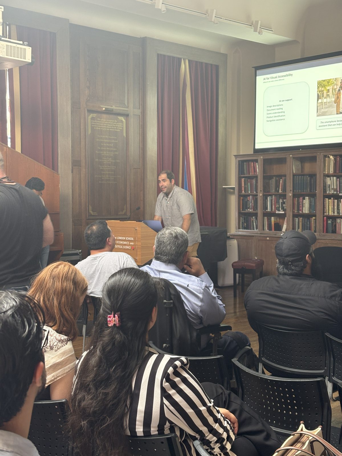 A Tesseract Academy speaker presents AI for Visual Accessibility to the audience at the Shaw Library, LSE, during London Data Week 2026